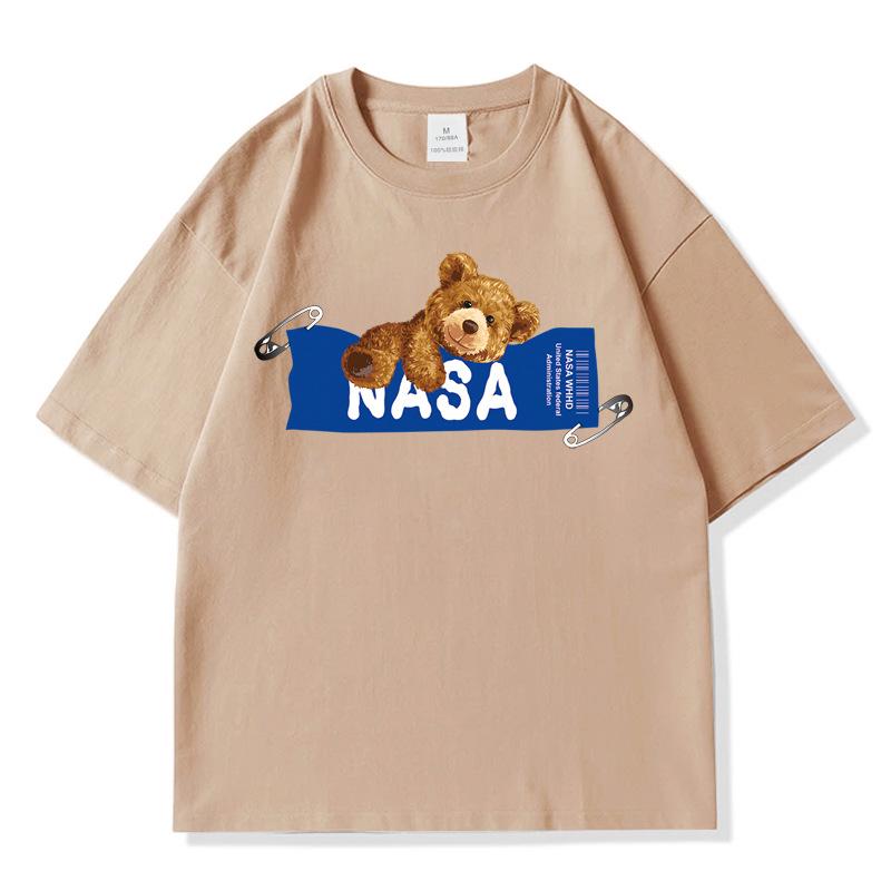 Men's NASA Co-branded Bear Print Crew Neck Cotton T-Shirt - Short Sleeve, Casual Streetwear, Plus Size Available