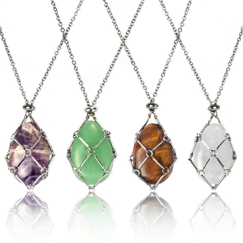 Collar con colgante de jaula ajustable de piedra Natural, cadena de acero inoxidable, Unisex, para regalo de cumpleaños