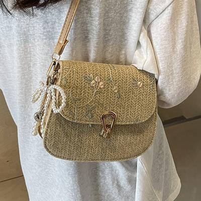 Schloss Einseitige Umhängetasche Neuer Stil Gewebt Modisch Koreanische Version mit Ins Kleine Quadratische Tasche Stroh Gewebte Tasche Damen