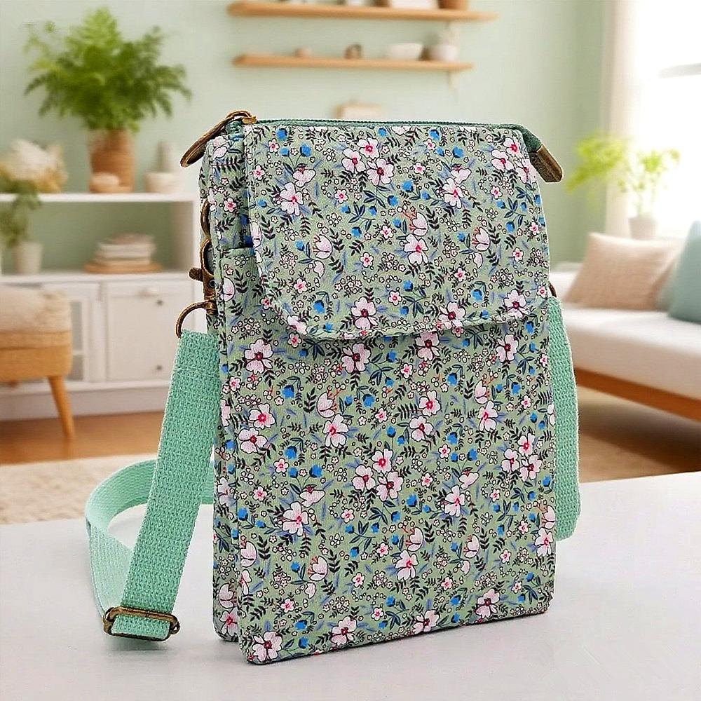 Japanese Floral Canvas Phone Crossbody Bag Women Multi Pocket Shoulder Bag Travel Passport Wallet Cell Phone Purse with Adjustable Strap
