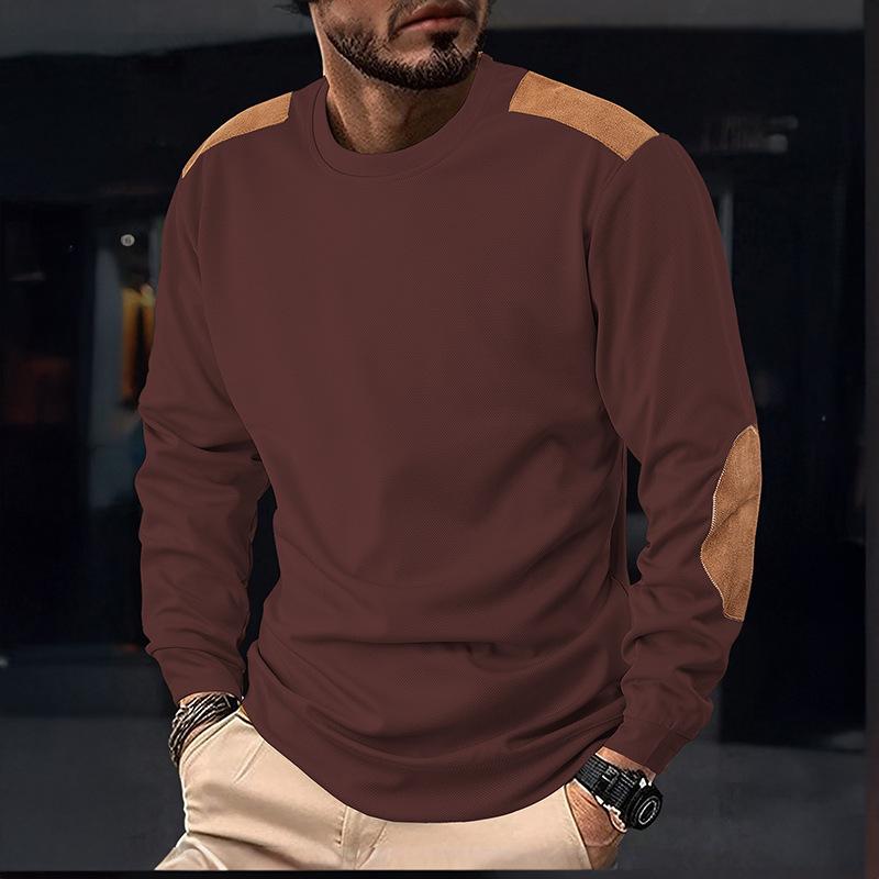 Men's White Waffle Knit Long Sleeve Crew Neck Shirt with Suede Patches