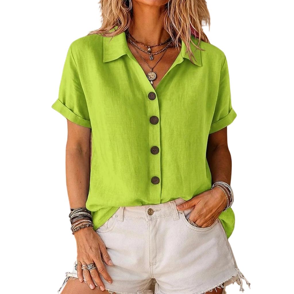 Women's Summer Button Down Shirt Short Sleeve V Neck Collared Blouse Casual Lightweight Solid Color Top