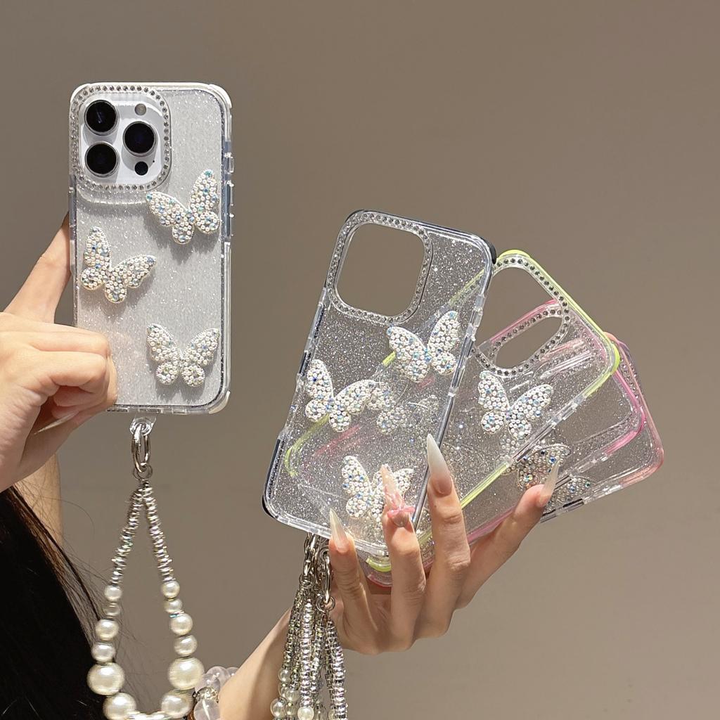 Für iPhone 16 Pro Hülle Glitzer Strassstein Dekor Schmetterling TPU + PC Handyhülle mit Perlenband