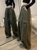 Women's Retro Wide-Leg Drawstring Cargo Pants - Multi-Pocket, Floor-Length, Casual Sport, Spring & Autumn.