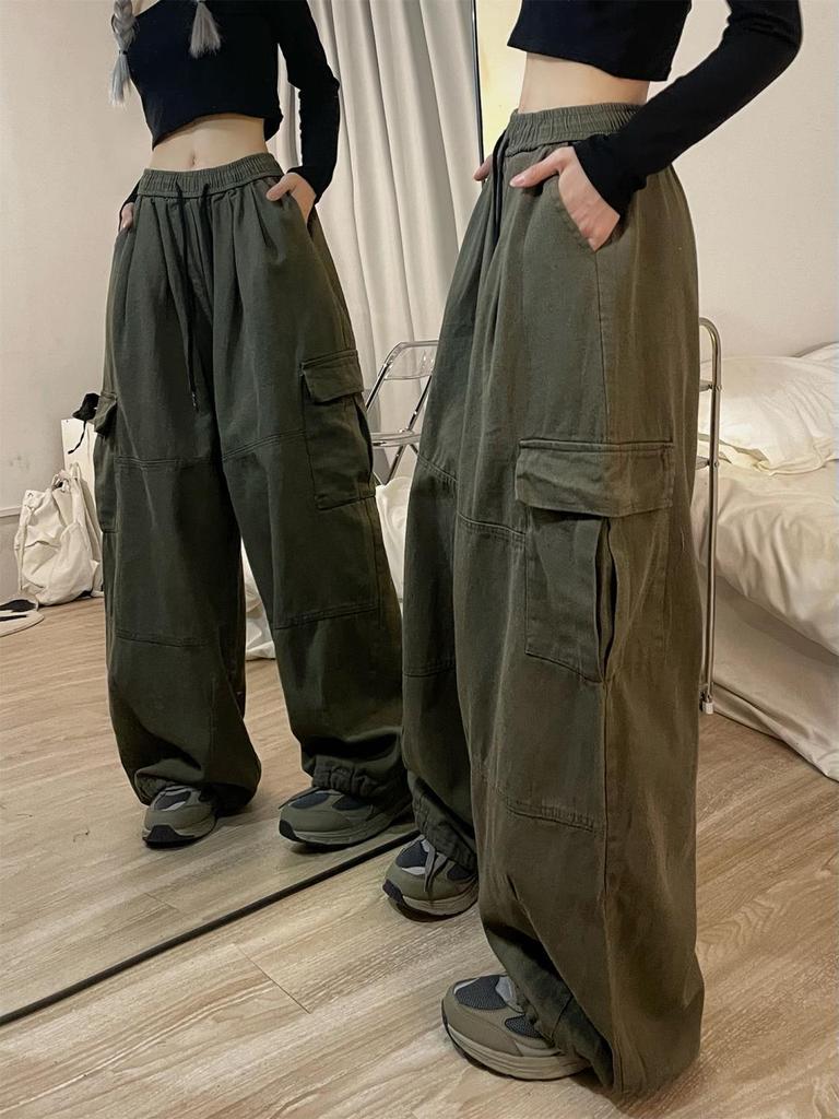 Women's Retro Wide-Leg Drawstring Cargo Pants - Multi-Pocket, Floor-Length, Casual Sport, Spring & Autumn.