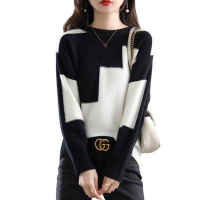 Futier Star Crew Neck Long Slimming Pullover for Simple One Women's Two-Tone Sweater, Sleeve, Color-Coordinated, Fall/Winter, Lightweight, Cute,