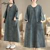 2026 Stil Vintage Primăvară Vară Femei Mărime Mare Rochie Midi Casual Largă Supradimensionată Scurtă Rochie Denim Mânecă 3/4 Rochie Damă