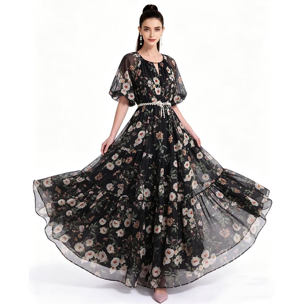 Summer Holiday Vacation Flower Print Long Maxi Dress Bohemian O-neck Short Sleeve High Waisted Chiffon Party Dresses Casual Robe