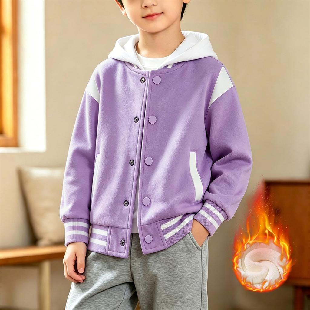 Boys and Girls -Lined Baseball Jacket Button Front Casual Outerwear