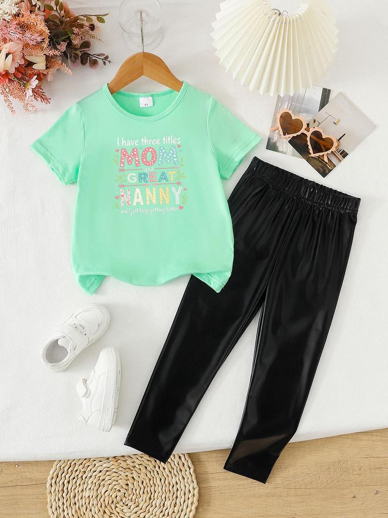 Summer Girls' Fashionable Two-Piece Clothing Set: Short Sleeve Top & Printed Long Pants