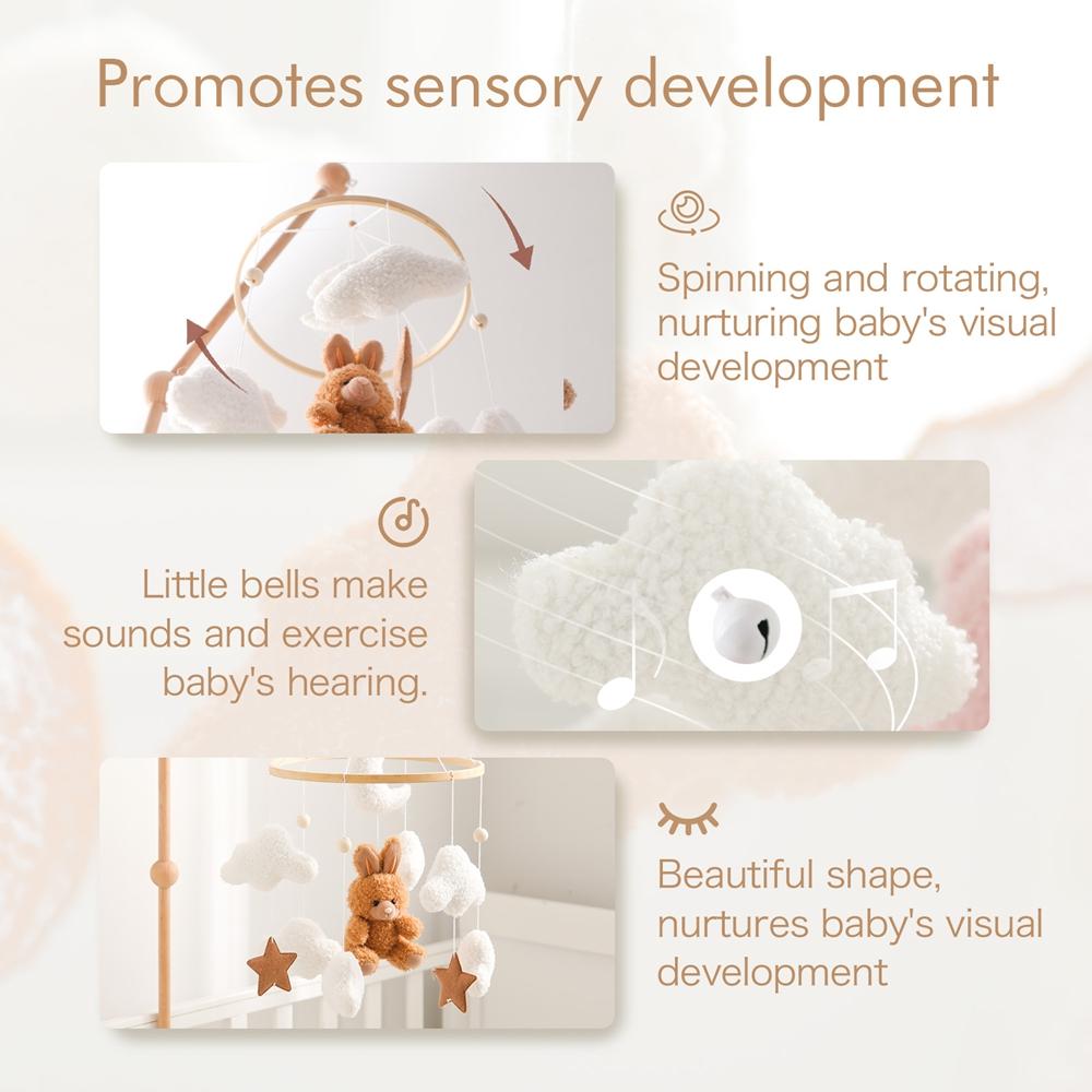 Baby Crib Mobile Wooden Rattle Toy Bed Bell Mobile Hanging Teddy Velvet Bear Doll Toy Newborn Music Box Crib Mobile Bracket Gift