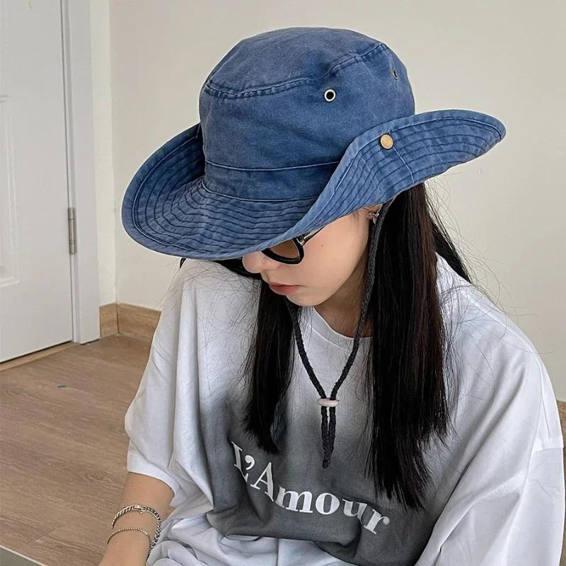 2025 Blue Cowboy Hiking Bucket Hats with String Men Denim Beach Sun Hat for Women Outdoor Couple Bob Panama Summer Fisherman Cap