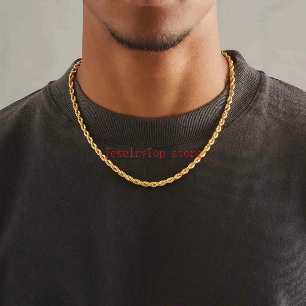 Fine Noble 18-24Inch 45-60cm 18K Gold 4mm Round Rope Chain Necklace for Women Man Fashion Wedding Party Charm Jewelry
