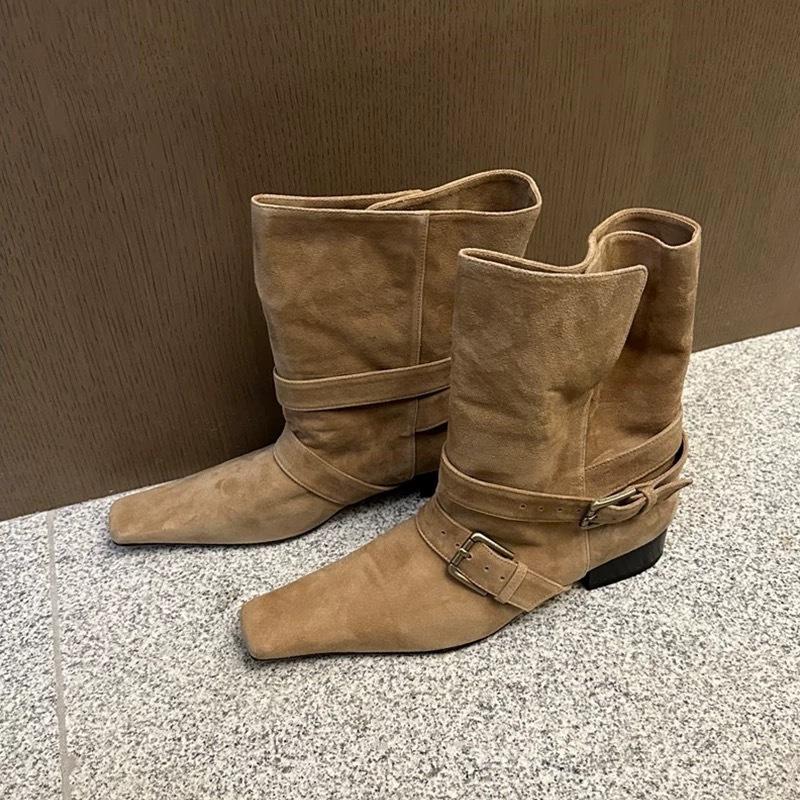 Flip Collar Two Wearing Small Square Toe Short Boots for Women, 2025 Thick Heel Chelsea Skinny Boots