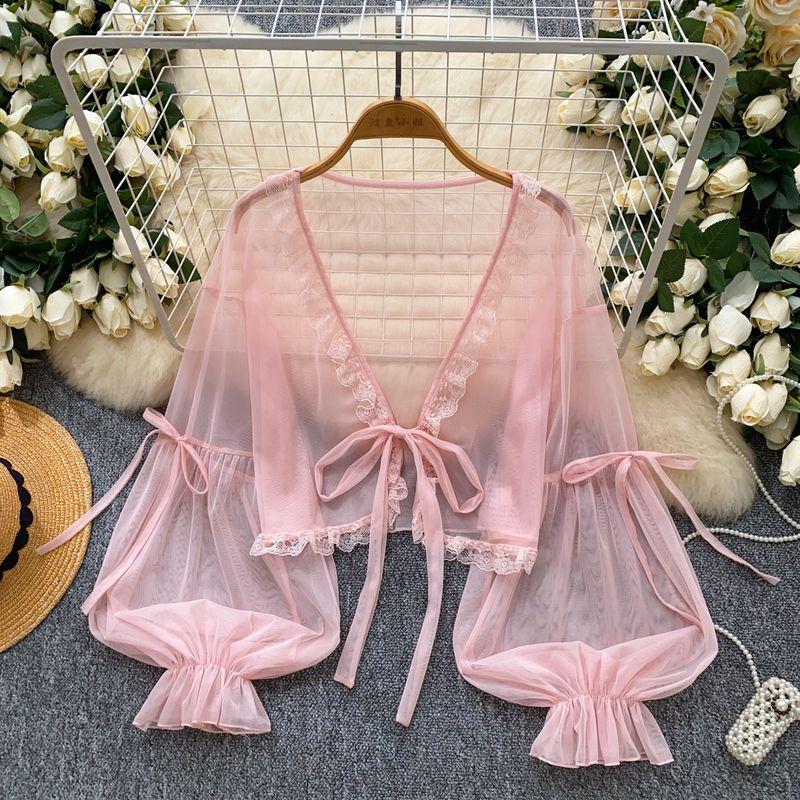 

Sweet Outdoor Lace-up Lace Stitching Lantern Sleeve Mesh Outerwear Women Thin Perspective Chiffon Shawl Women Sun Protection Shirt Pink One size