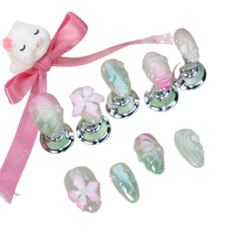 Handcrafted Press-On Nails Short Almond Shape With Floral Pearl Design Gradient Watercolor Sweet Chic Style