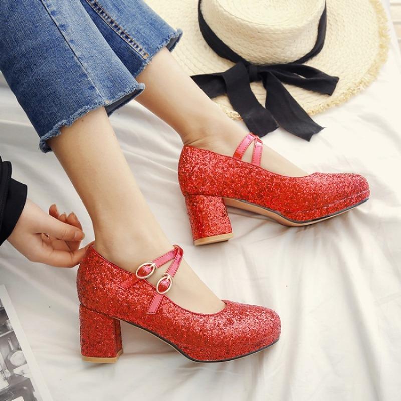 Velikost 33-43 Dámské červené třpytivé zlaté boty na vysokém podpatku, Mary Jane lodičky s dvojitým přezkovým páskem, společenské svatební
