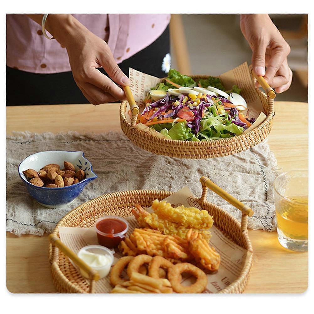 Breakfast Tray Round Wooden Trays Rattan Storage Basket Fruit
