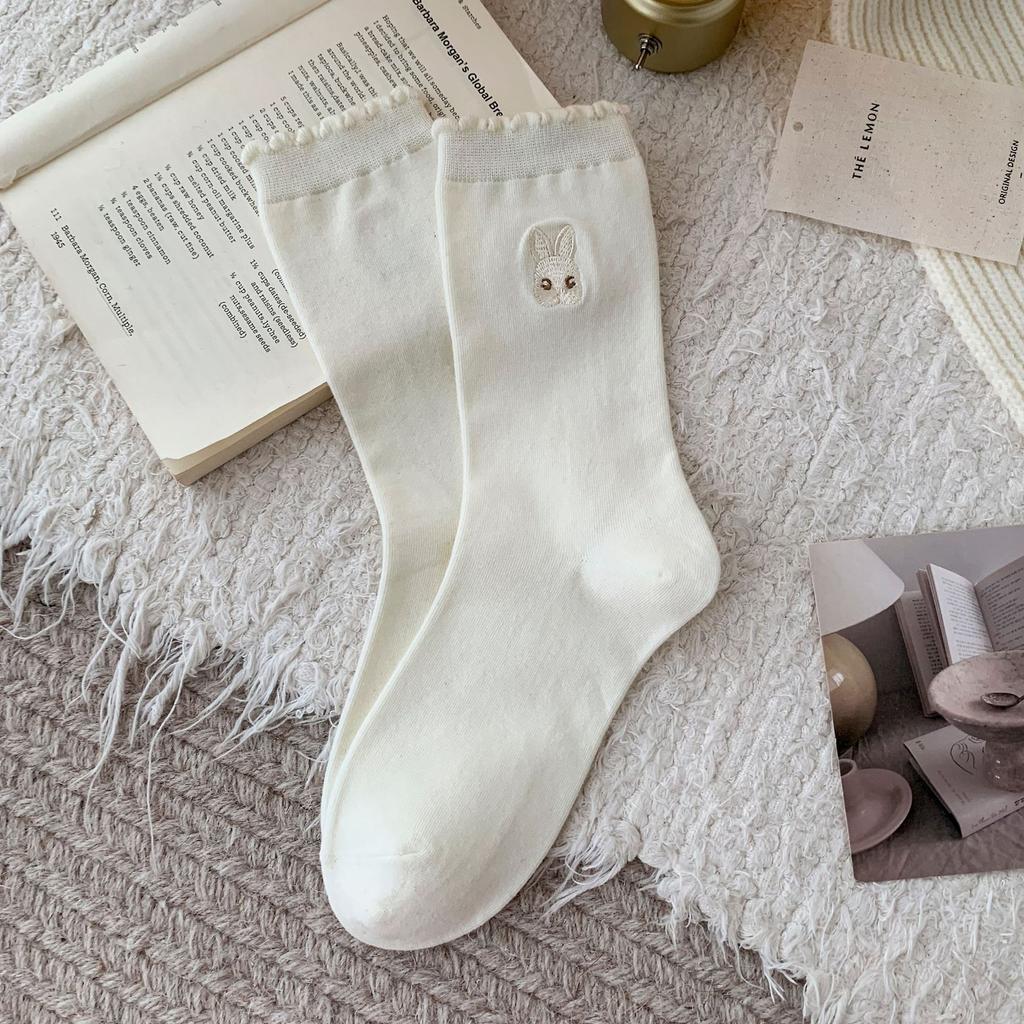 Cartoon medium tube female embroidery cute socks socks rad cotton pile color socks beautiful bunny lace