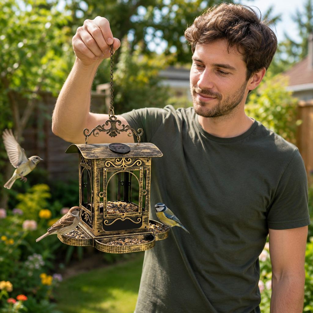 Vintage Metal Hanging Bird Feeder Outdoor Decorative Pavilion Design with Large Seed Tray for Garden Yard Patio Balcony