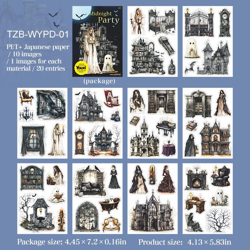 JIANWU Midnight Party Series Vintage Dark Gothic Halloween Landscape Material Collage Sticker Book Creative Journal Stationery