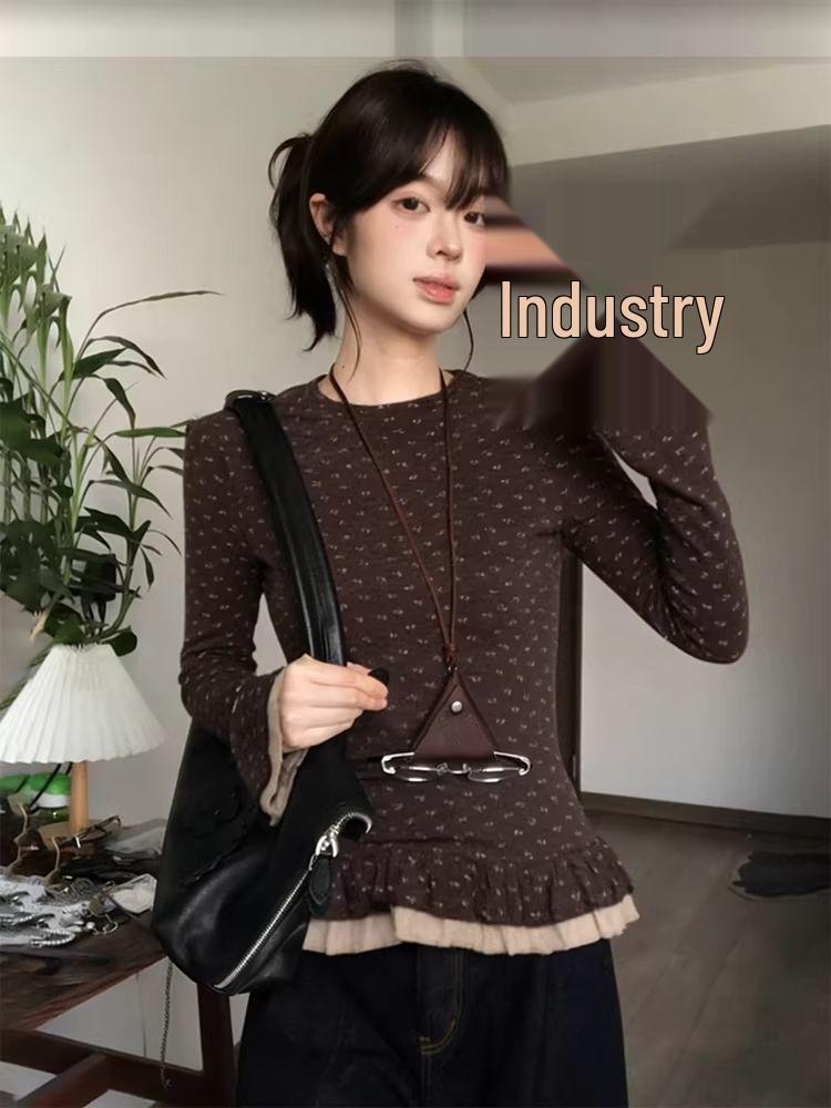Women's Floral Lace Flannel Long-Sleeve Top - Slimming, Double-Layered Design for Autumn/Winter