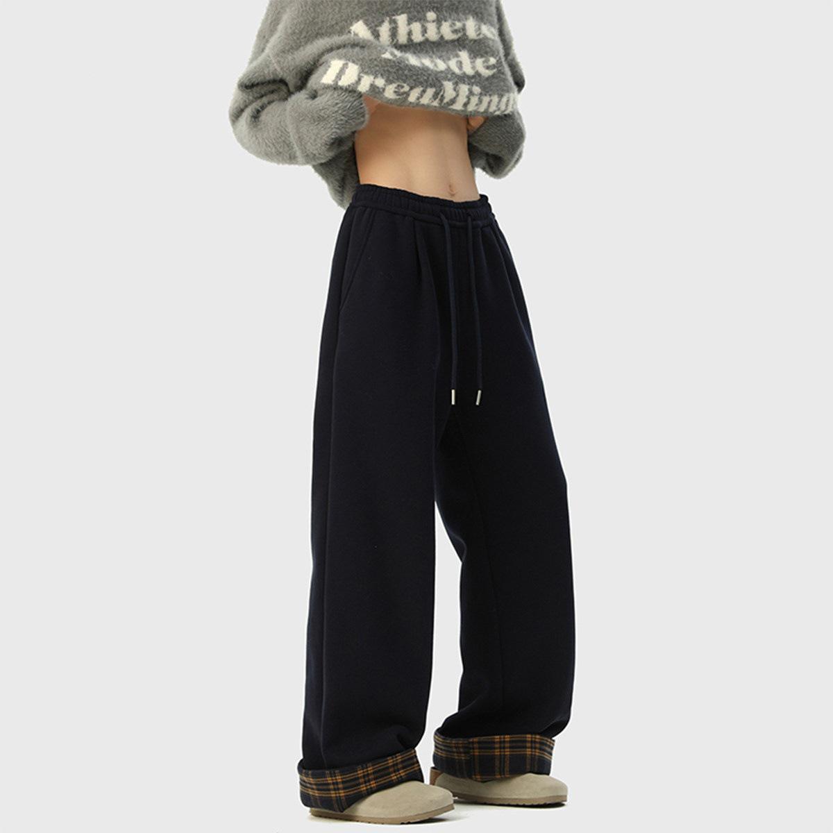 

Unisex Khaki Fleece-Lined Winter Pants: Cozy, Thick, Straight-Leg Cotton Casuals for 2025 XL темно-синий