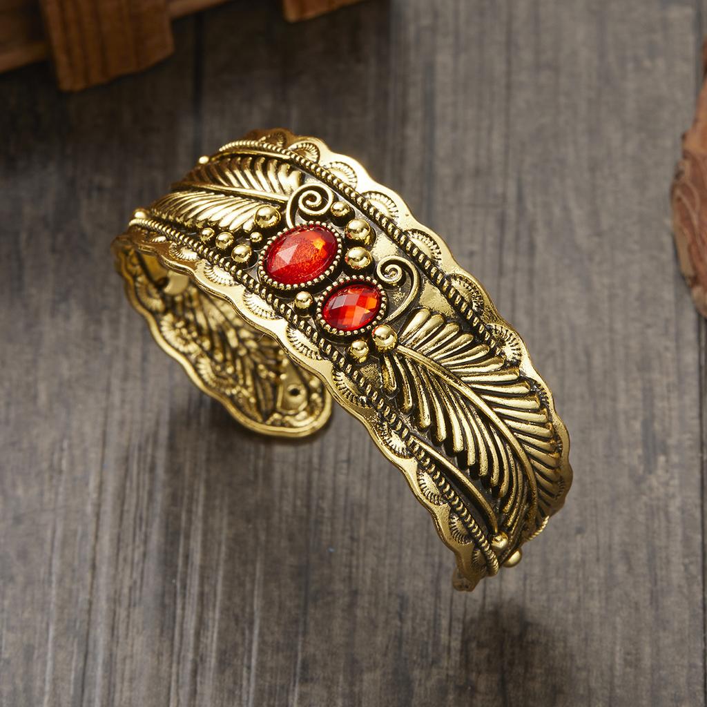 Vintage Antique Silver Color Natural Stone Wide Bangles Bracelets For Women Chinese Style Retro Gold Color Cuff Bracelet Jewelry