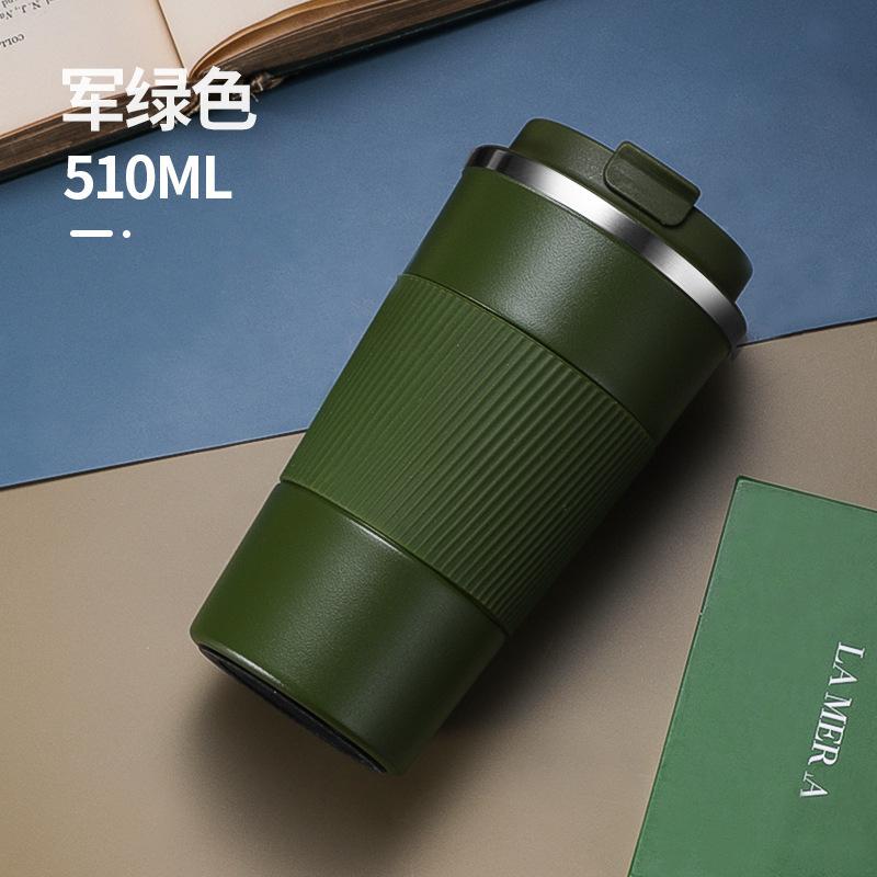304 stainless steel thermal mug, fashionable car coffee cup with silicone sleeve, flip-top coffee cup