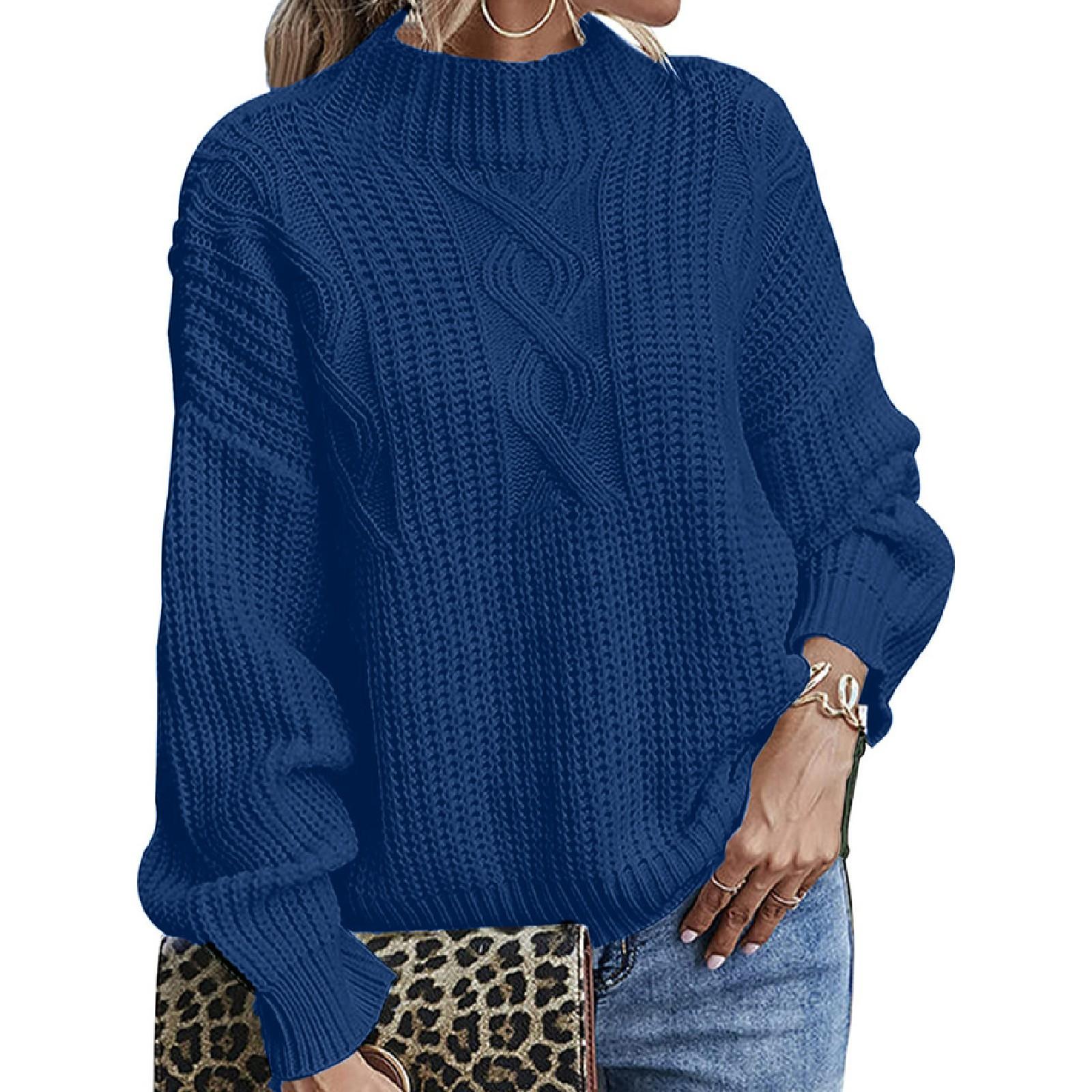 

Женский свободный удобный свитер с воротником, однотонный вязаный свитер с длинными рукавами, пуловер L синий