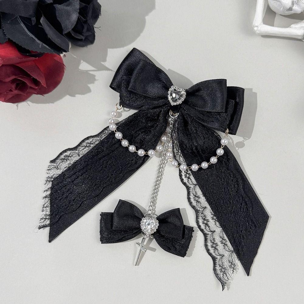 Chain Detail Lace Bow Hair Clips Rhinestone Decoration Side Barrettes Hair Clip  Punk Style