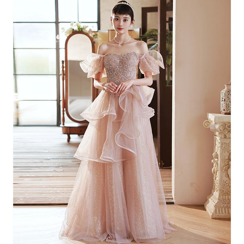 Pink Evening Dress 1011 New Celebrity Temperament Super Fairy Engagement French Shoulder Dress Fairy Bridesmaid Dress Woman