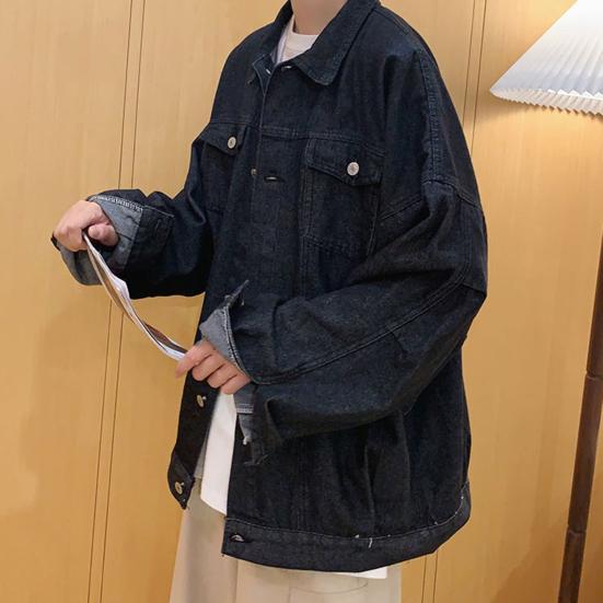 Men Denim Coat Lapel Long Sleeve Flap Pockets Single Breasted Jacket with Flap Pockets Solid Color Loose Fit Denim Outerwear