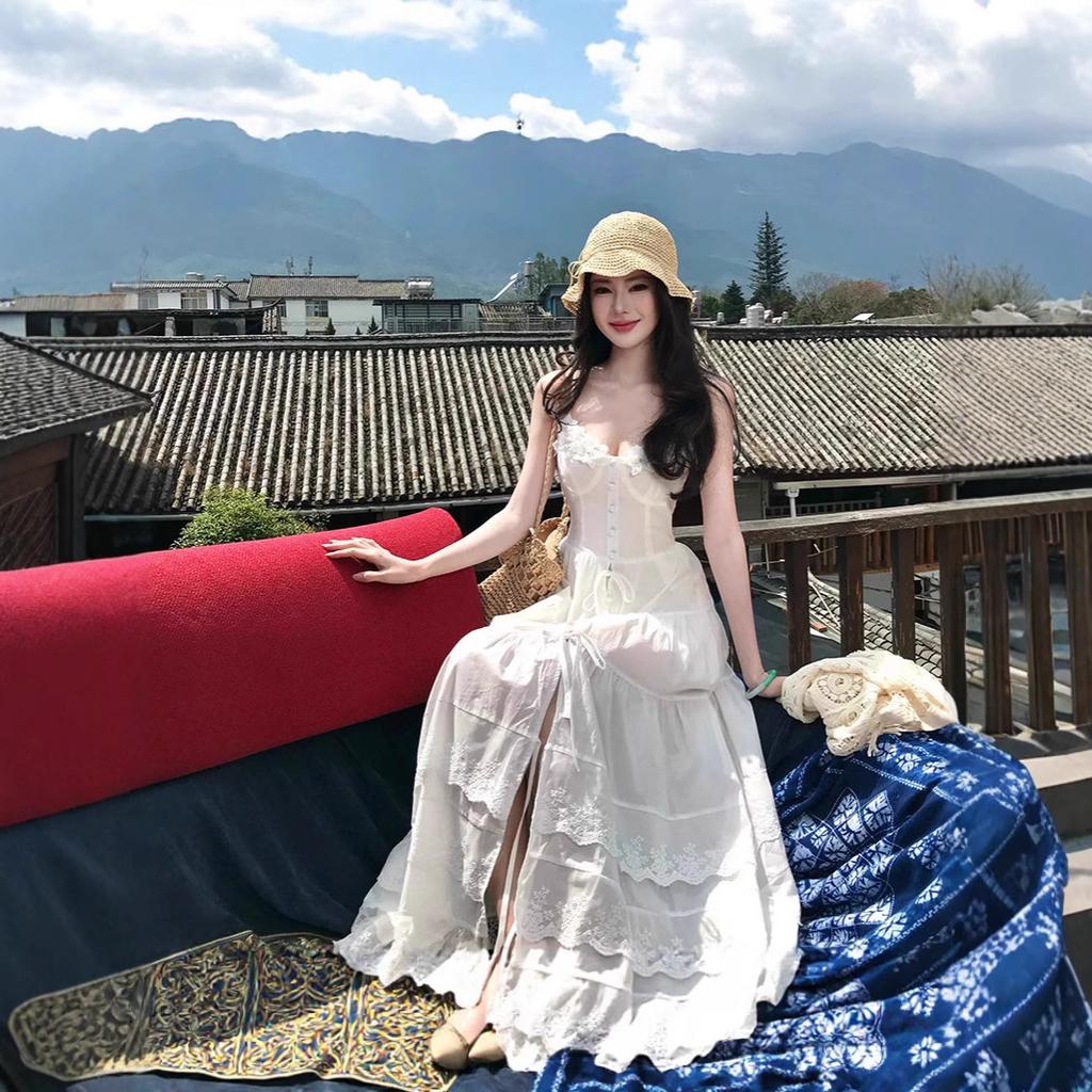French Spaghetti Strap Dress for Women, Summer First Love Little White Dress, Yunnan Xinjiang Seaside Vacation Dress, Long Dress