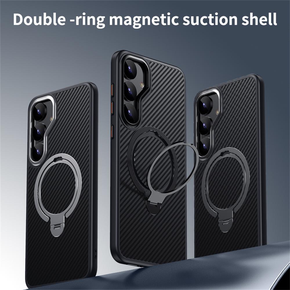 For Samsung Galaxy S24 Case Compatible with MagSafe PC+TPU Phone Cover Ring Holder Carbon Fiber Texture