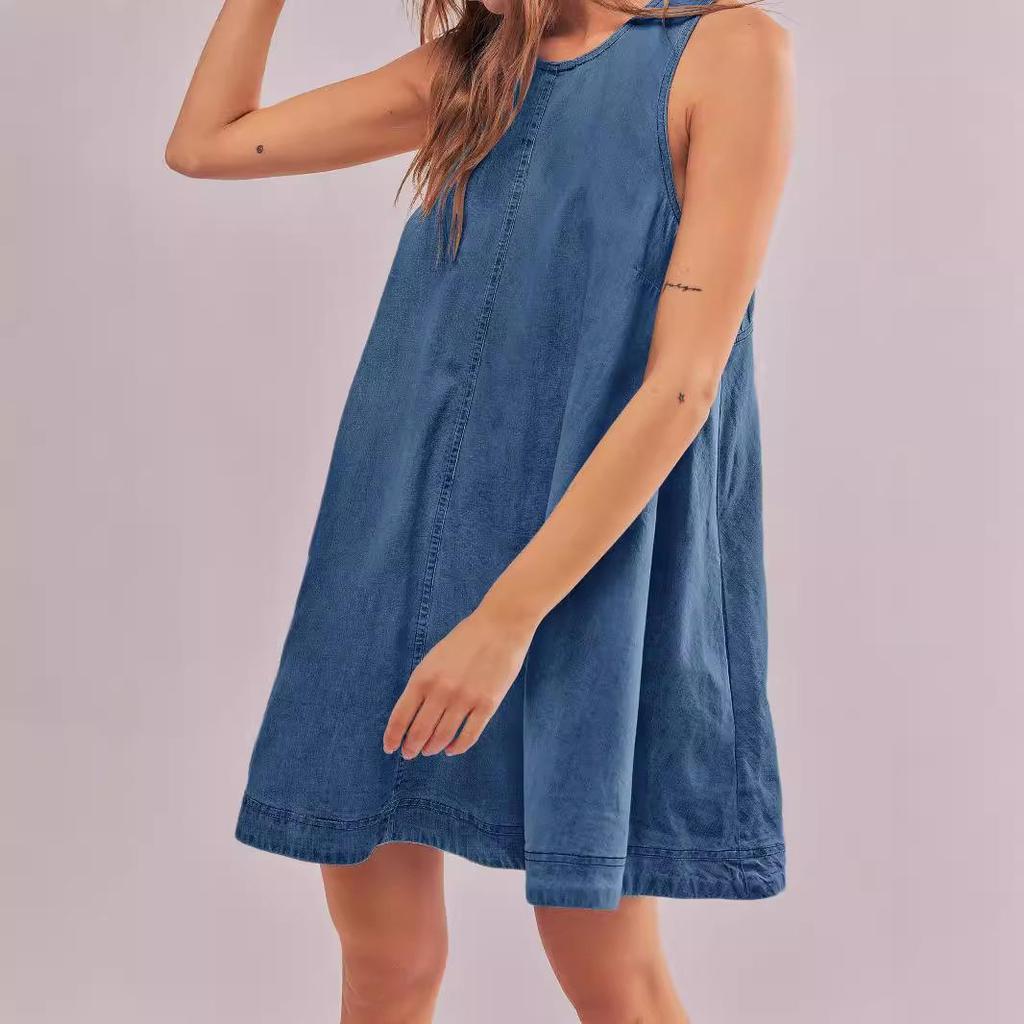 Vestido sin espalda Vestido de mezclilla para mujer Verano Nuevo Casual Sin mangas Halter Falda corta Falda de línea A