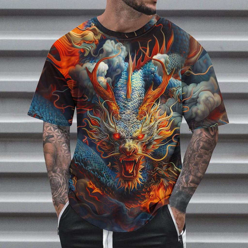Animal  Dragon Pattern 3D Print Round Neck Short Sleeve Men's T-shirts Oversized Harajuku Tops