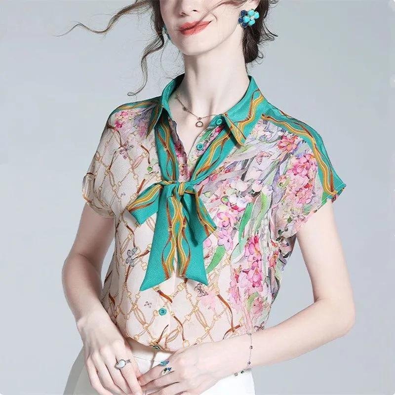 Womens Floral Print Bow Tie Collar Short Sleeve Chiffon Blouse S абрикосовый