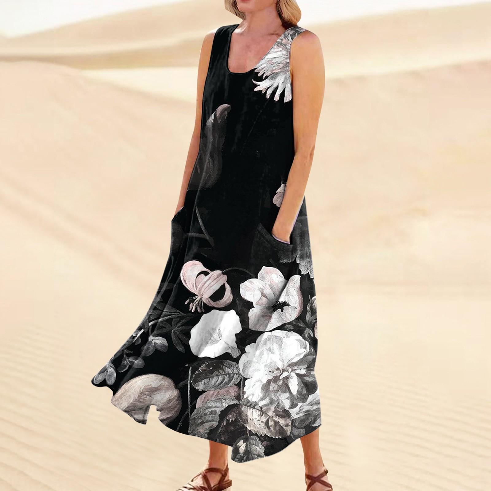 

Женское повседневное удобное хлопковое карманное платье без рукавов с цветочным принтом XXXL