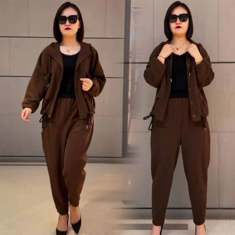 

Women s 2Pcs Casual Tracksuit Long Sleeve Button Jacket Elastic Waist Jogger Pants Loose Fit Loungewear Set XXXL кавовий