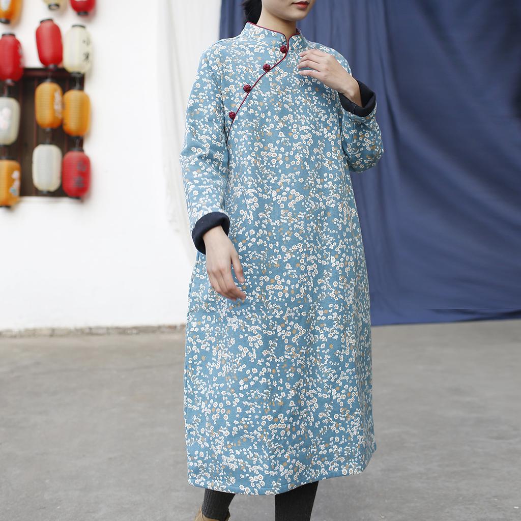 Johnature Women Chinese Style Dresses Stand Long Sleeve Spring Thick Female Print Floral A-Line Dresses