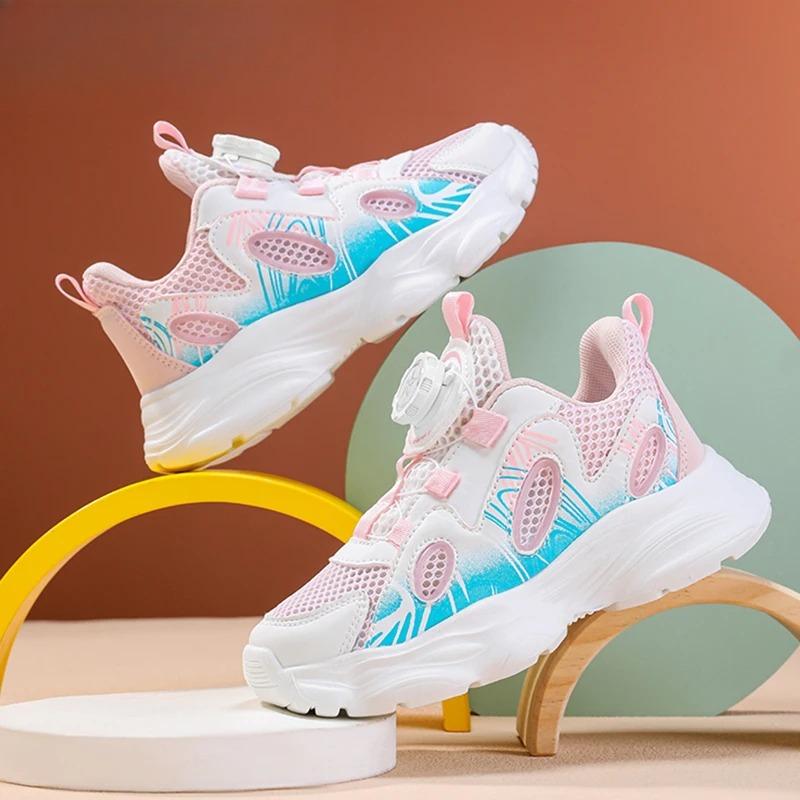 Summer Breathable Children’s Casual Shoes for Girls Rotating Button Sports Running Shoes Outdoor Fashion Flat Walking Sneakers