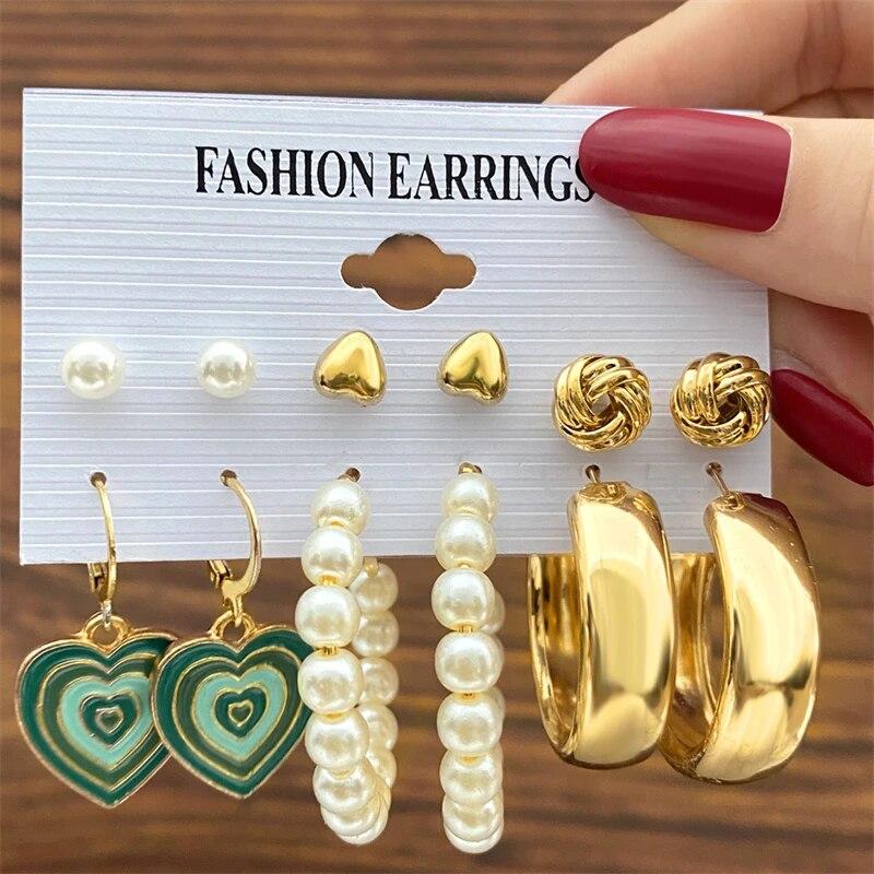 17KM Vintage Gold Color Hoop Earrings Set Pearl Metal Dangle Earrings for Women Crystal Twist Earrings Trendy Fashion Jewelry