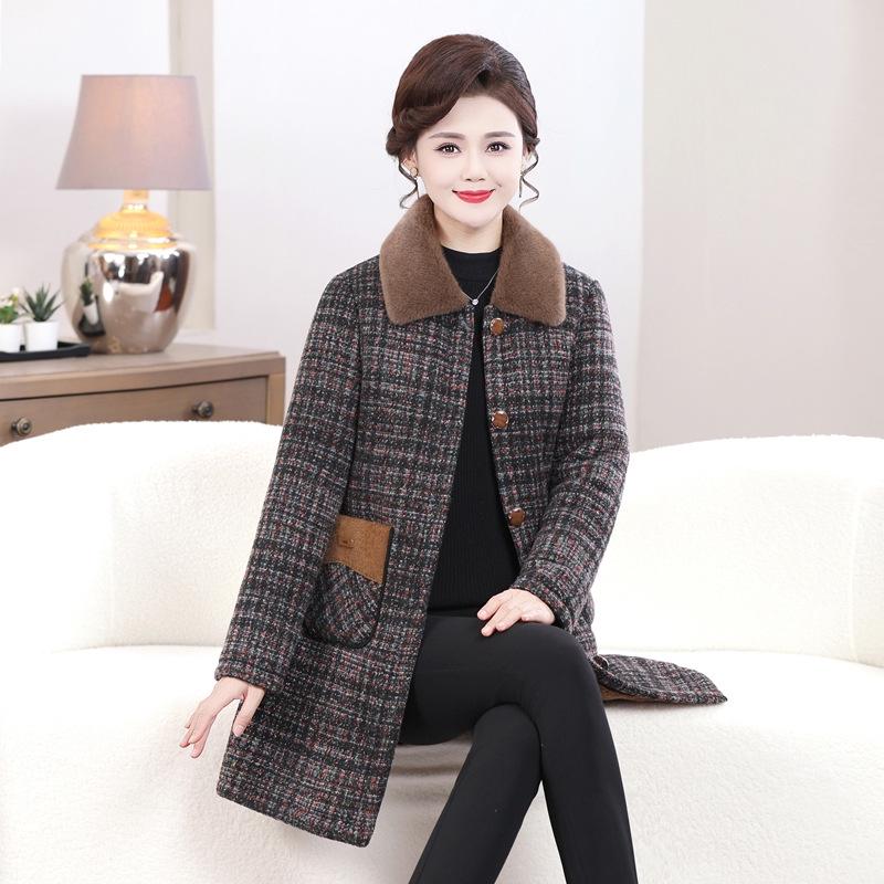 

Plaid Wool Coat with Fur Collar for Mature Women, Multi-Color, 2026 Autumn/Winter Collection. 3XL (120-135 jin) темно-синий