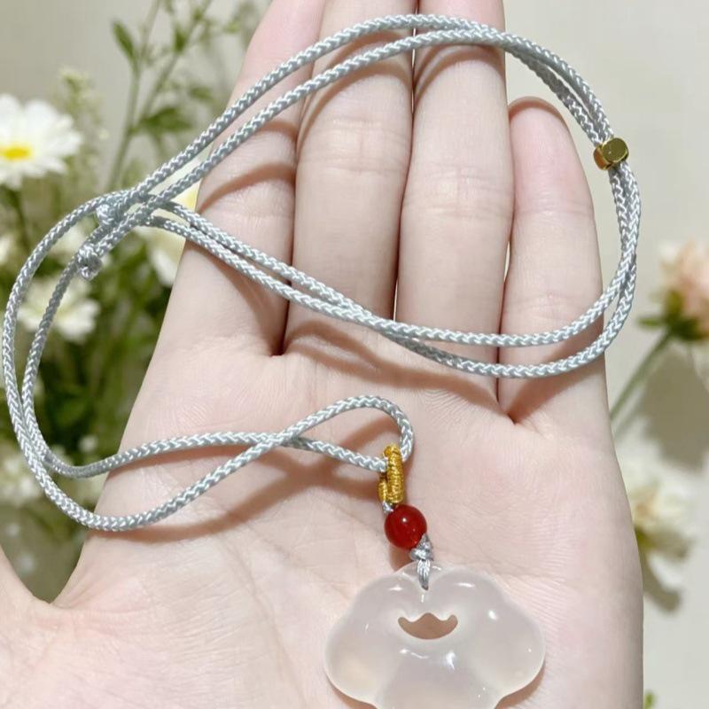 Natural White Ice Jade Chalcedony Agate Cloud Ruyi Peace Lock Pendant Necklace - Ancient Style Light Luxury for Couples