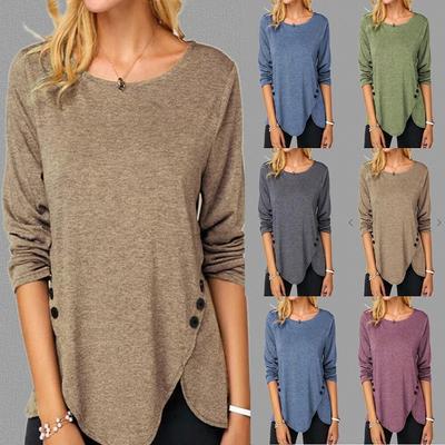 Autumn and Winter Clothes Women's Causal O-neck Pullover Sweatshirts Button Stitching Long Sleeve Blouses Ladies Cotton Loose T-shirts Solid Color