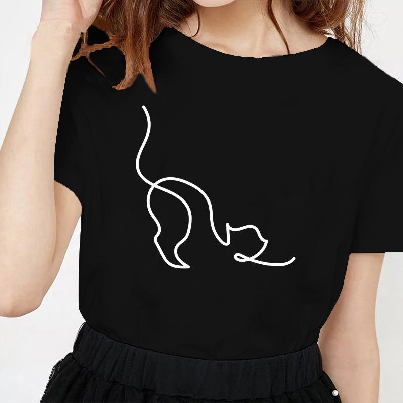 Kawaii Cat Line Drawing Minimalist Print T Shirt Female Harajuku Aesthetic Streetwear Summer Clothes for Women Camisa Masculina