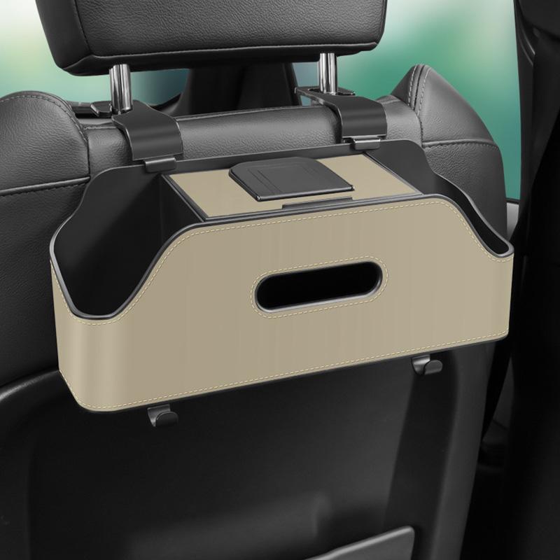 Auto-Organizer-Box, multifunktionale Auto-Taschentuchbox aus Leder, Aufbewahrungsbox für den Rücksitz des Autos, Telefonsitz, Papiertütenhaken, Wasserbecherhalter