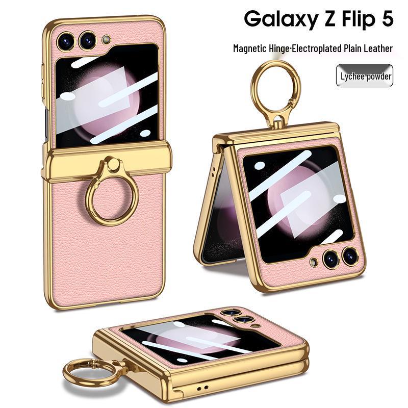 ZFlip5 Magnetic Hinge Leather Ring Case - Foldable Screen, Creative & Simple Design