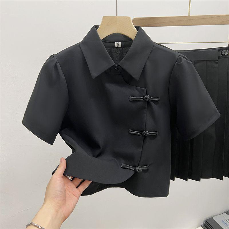 

New Chinese Style Improved Cheongsam Short Tops Summer Women s Clothing 2025 New Arrival Asymmetrical French Short Sleeve Shirt Black L
